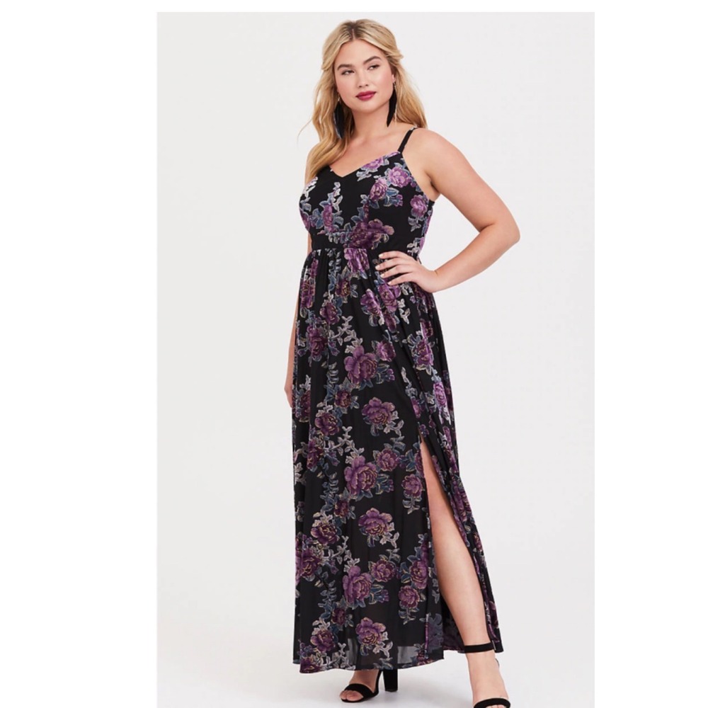 Torrid Burnout Velvet Rose Maxi Dress Women 4X Black Purple Floral Smocked Back